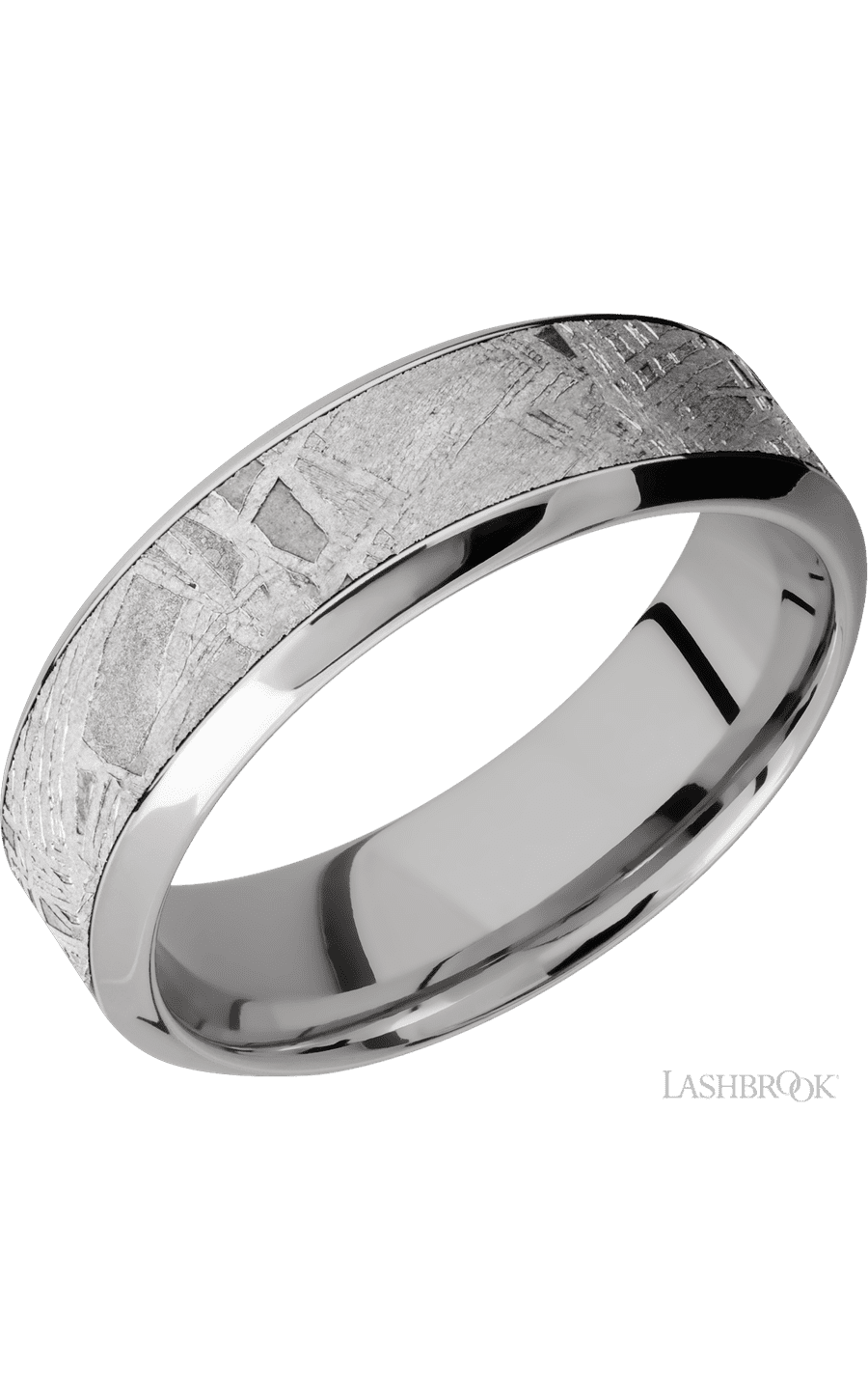 7 mm wide/High Bevel/18K White Gold band with one 4 mm Centered inlay of Meteorite.