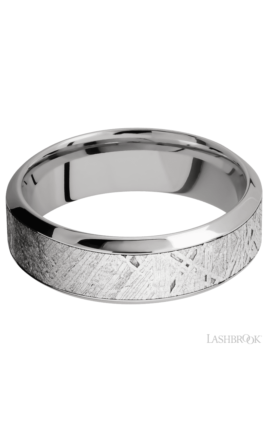7 mm wide/High Bevel/18K White Gold band with one 4 mm Centered inlay of Meteorite. - NAGI