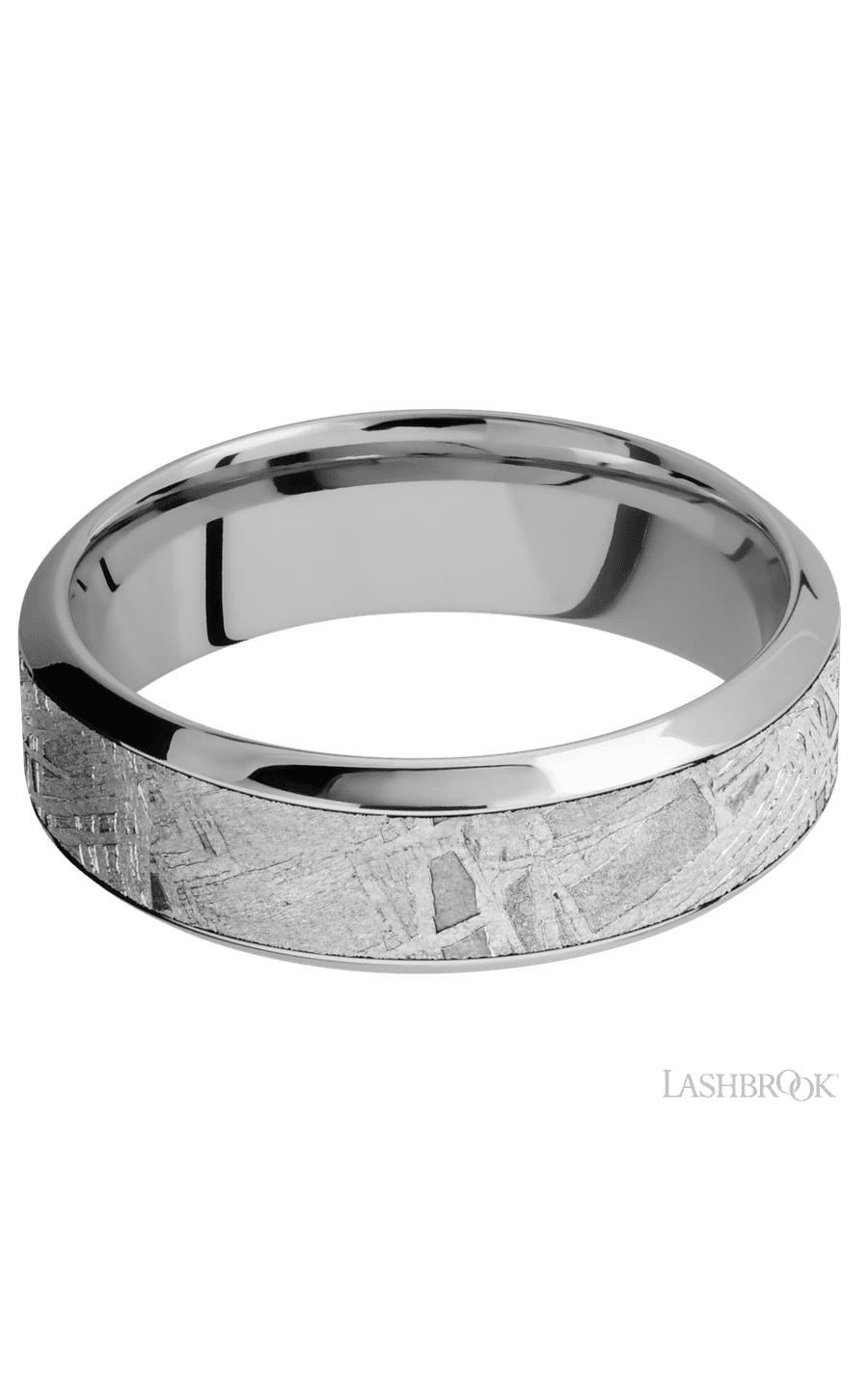 7 mm wide/High Bevel/18K White Gold band with one 4 mm Centered inlay of Meteorite.