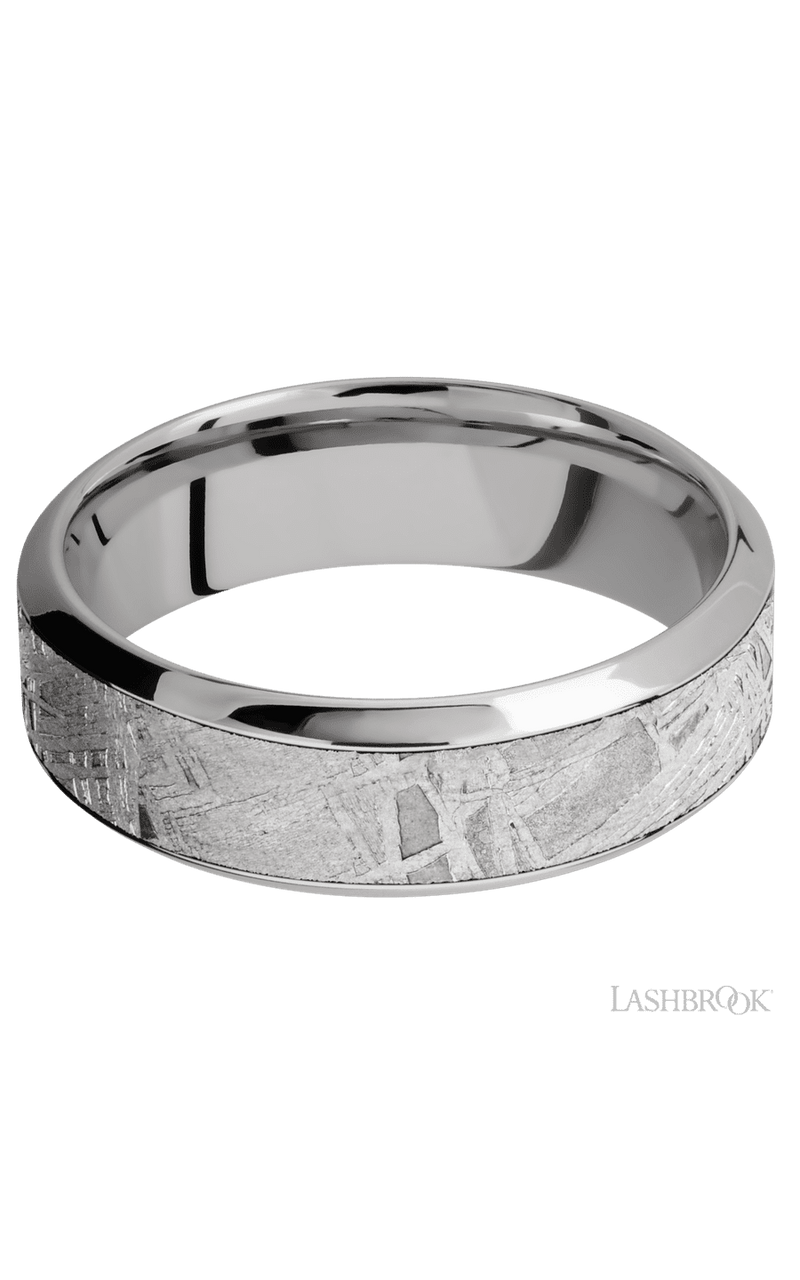 7 mm wide/High Bevel/18K White Gold band with one 4 mm Centered inlay of Meteorite.