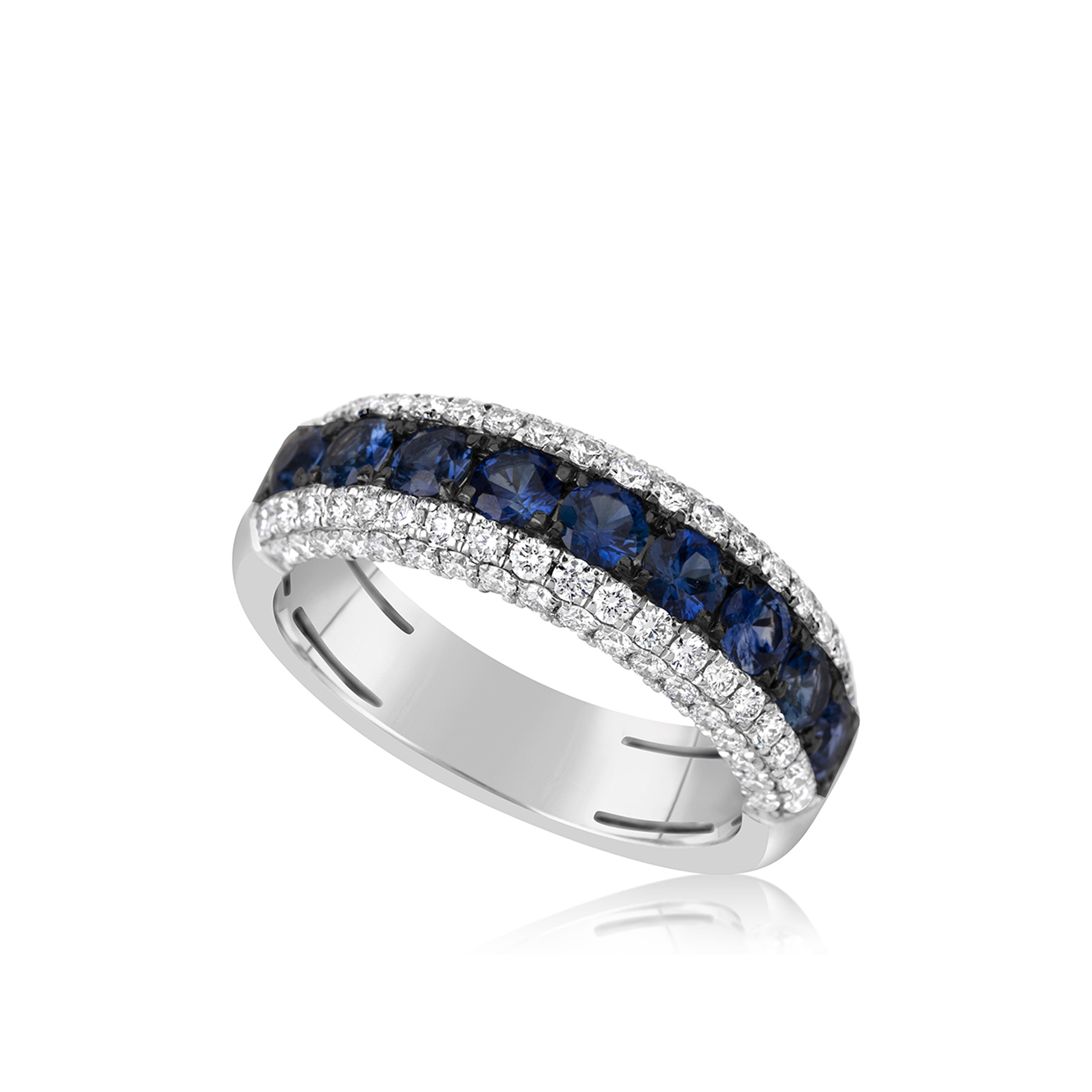 14K White Gold Ring with R=Large Round Sapphires and Pave Diamonds - NAGI