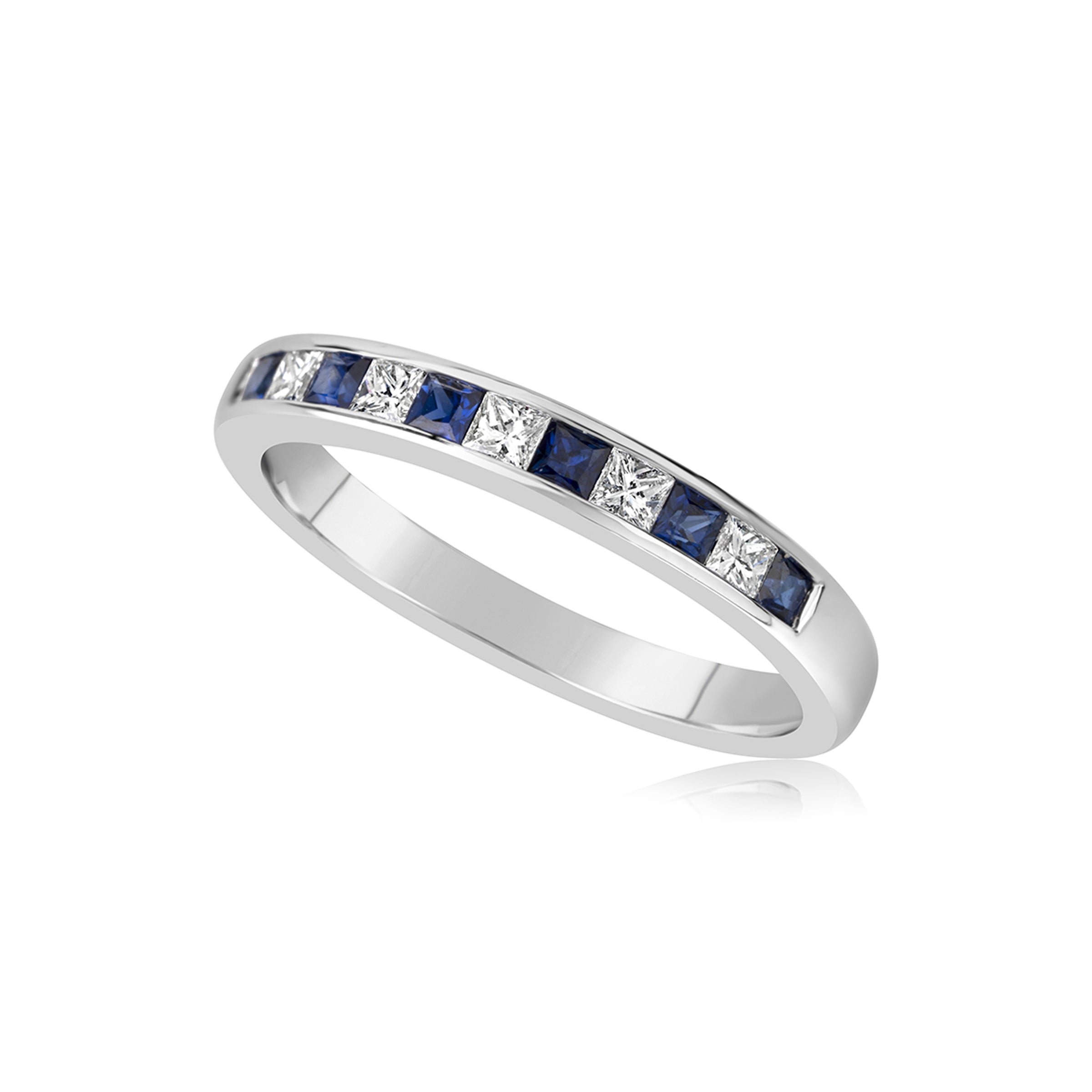 14K White Gold Princess Sapphire and Diamond Channel Set Band