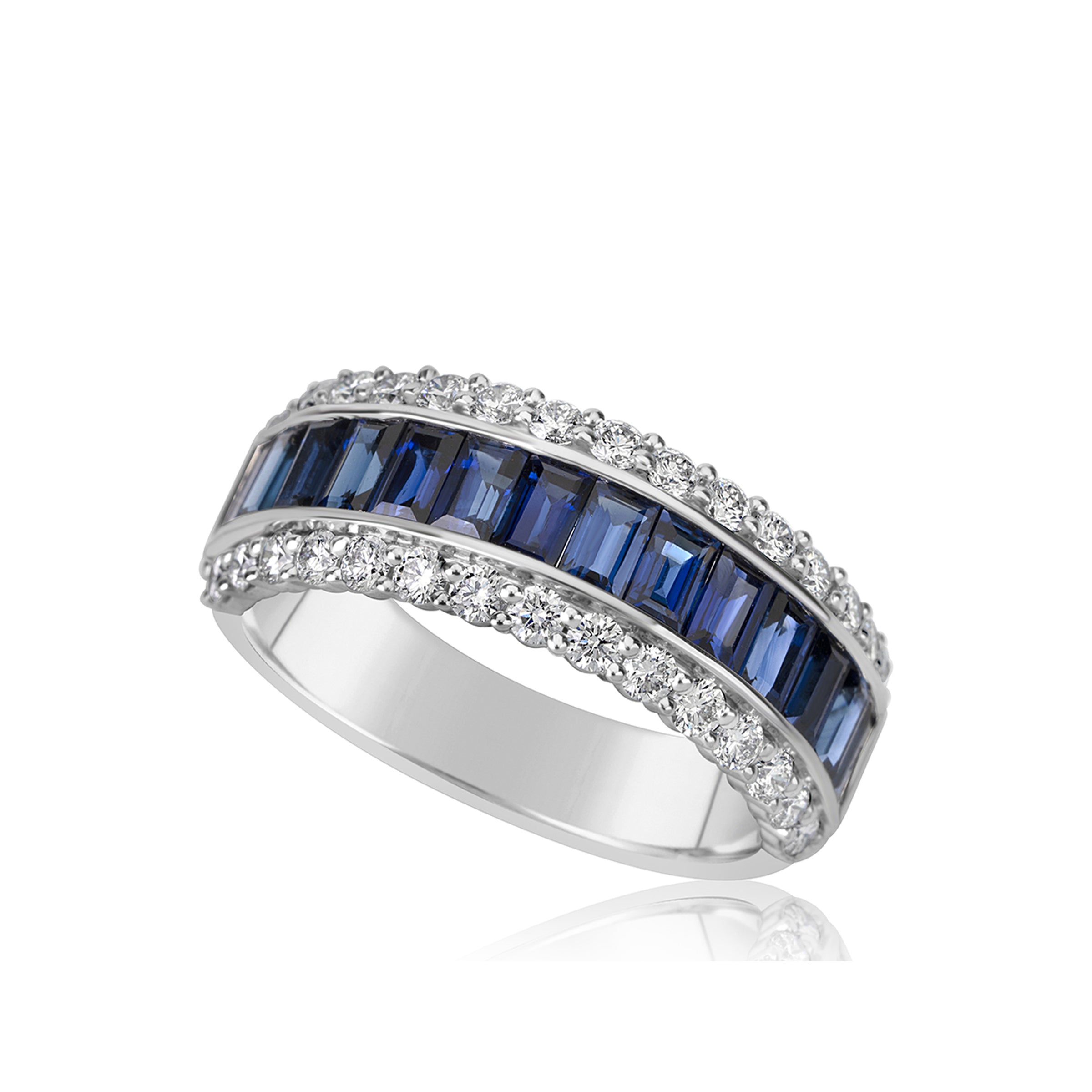 14K White Gold 3-Row Baguette Sapphires and Round Diamond Ring - NAGI
