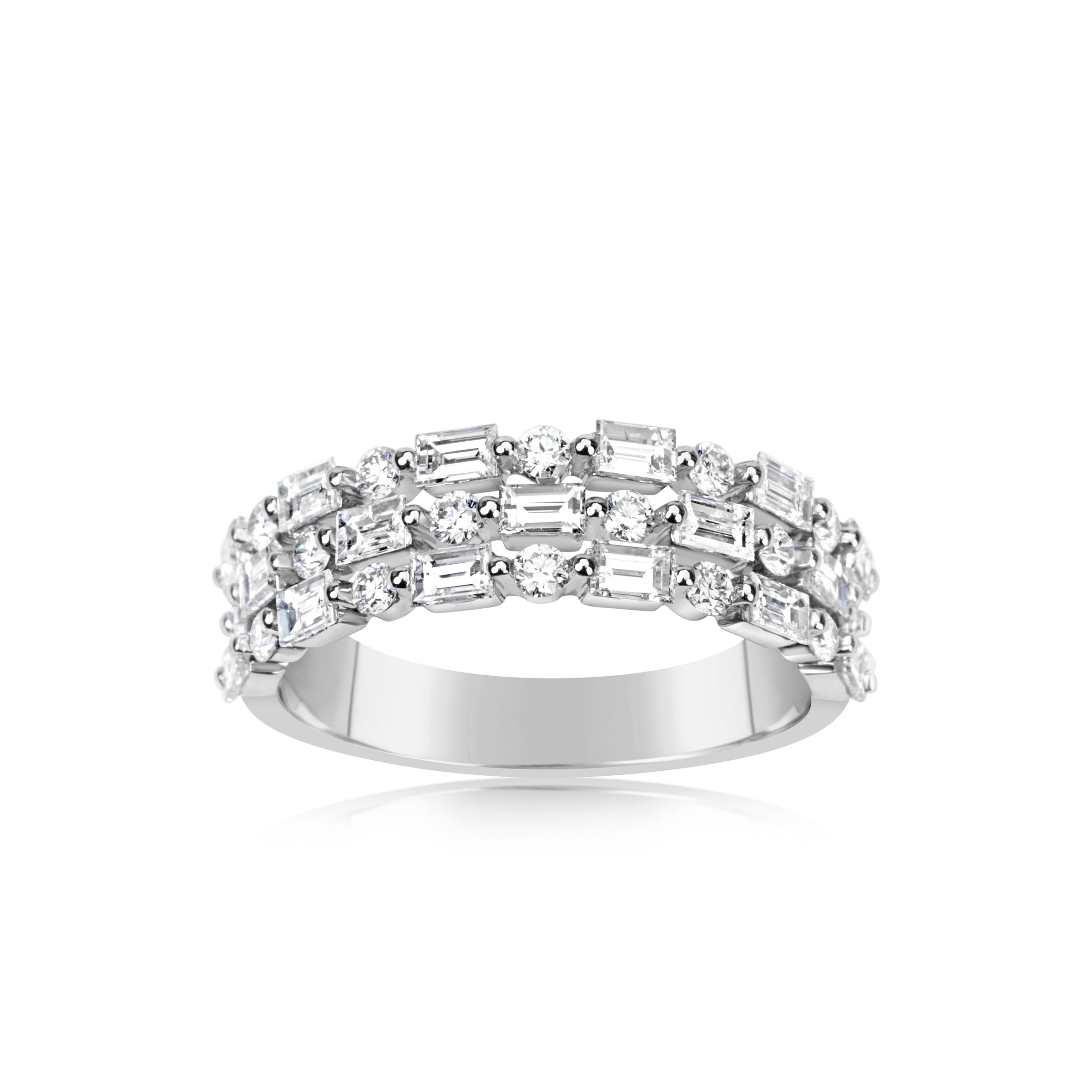 14K White Gold Three-Row Alternating Baguette and Round Diamond Band