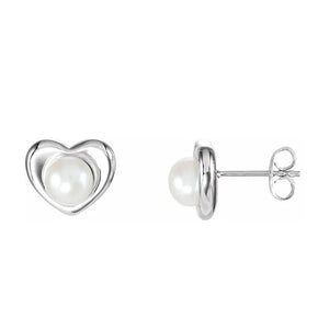 Sterling Silver Cultured White Freshwater Pearl Heart Earrings