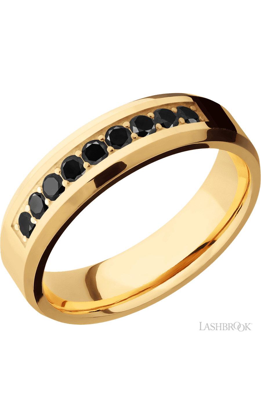 6 mm wide/Beveled/14K Yellow Gold band with an  arrangement of 9, .05 carat Round Black Diamond stones in a Bead Channel setting img1