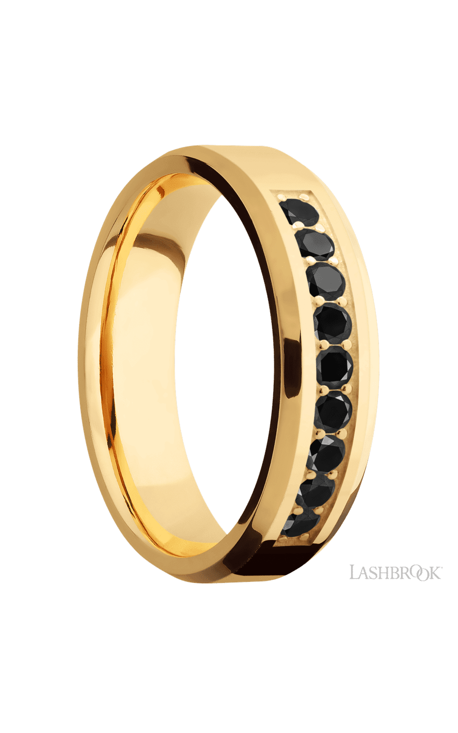 6 mm wide/Beveled/14K Yellow Gold band with an  arrangement of 9, .05 carat Round Black Diamond stones in a Bead Channel setting img2