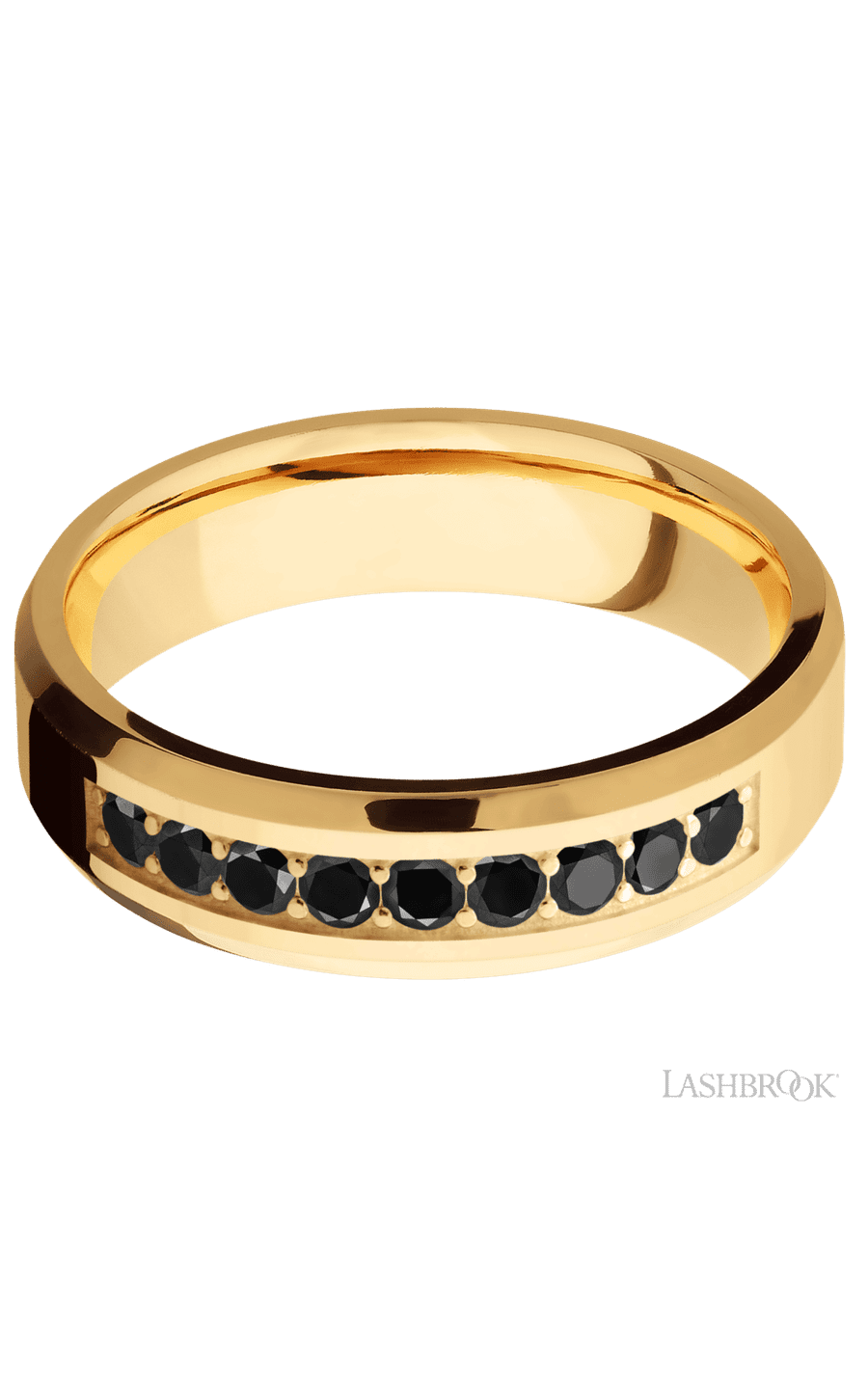 6 mm wide/Beveled/14K Yellow Gold band with an  arrangement of 9, .05 carat Round Black Diamond stones in a Bead Channel setting img3