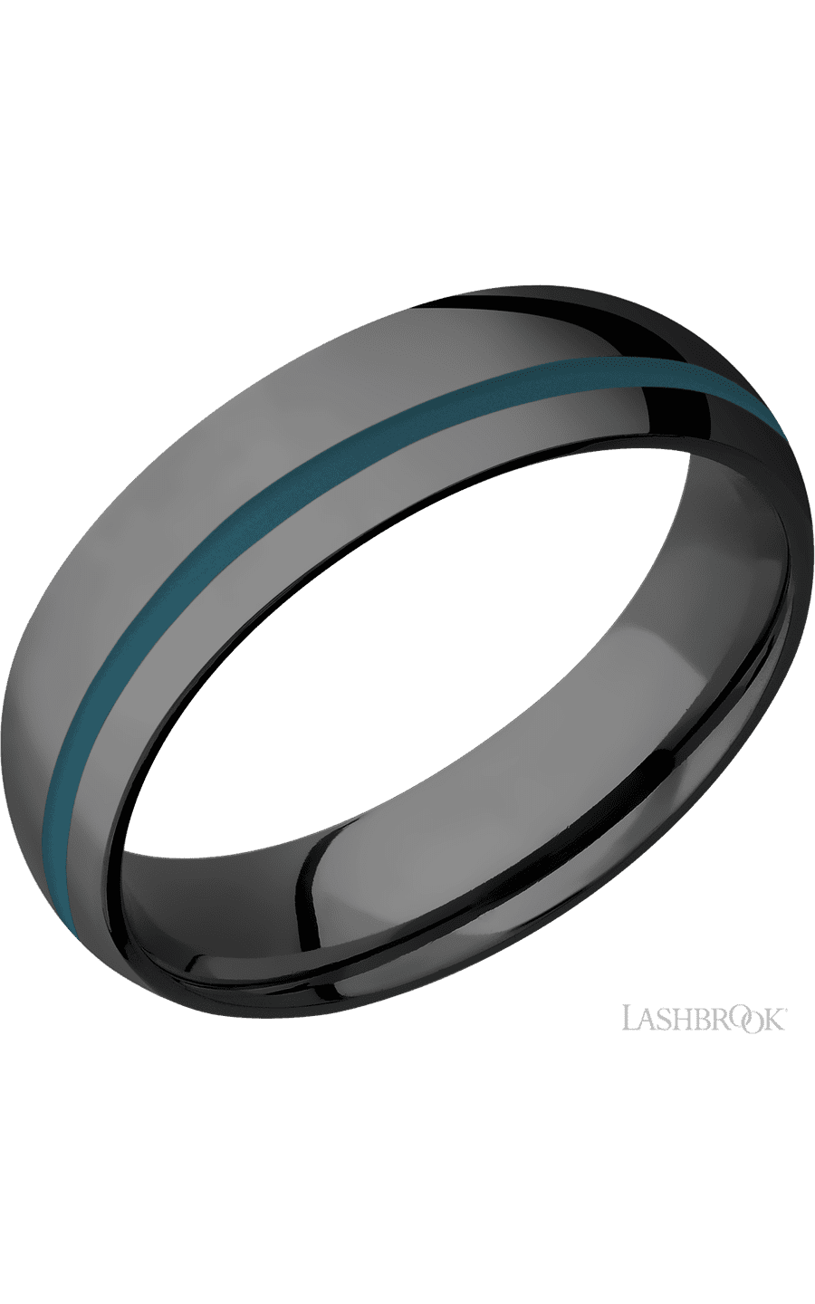6 mm wide/Domed/Zirconium band with one 1 mm Off Center inlay of Ridgeway Blue img1