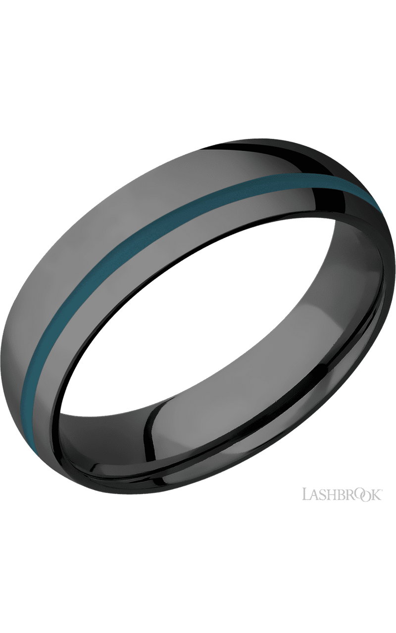 6 mm wide/Domed/Zirconium band with one 1 mm Off Center inlay of Ridgeway Blue img1