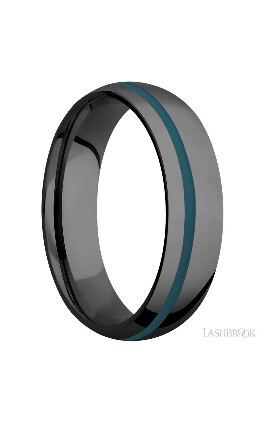 6 mm wide/Domed/Zirconium band with one 1 mm Off Center inlay of Ridgeway Blue img2