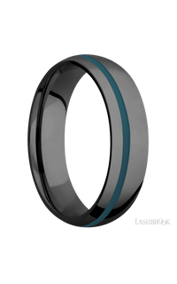 6 mm wide/Domed/Zirconium band with one 1 mm Off Center inlay of Ridgeway Blue img2