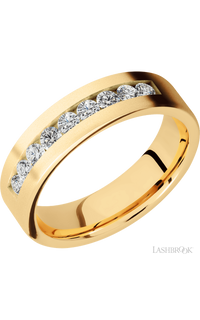6 mm wide/Flat/14K Yellow Gold band with an  arrangement of 9, .07 carat Round Diamond stones in a Channel setting img1