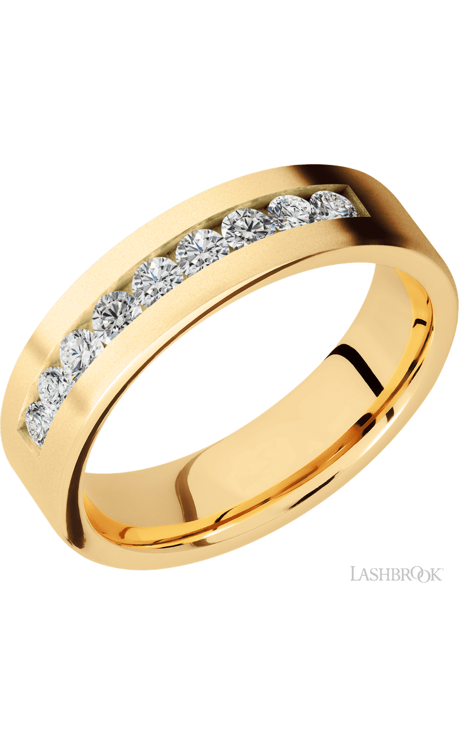 6 mm wide/Flat/14K Yellow Gold band with an  arrangement of 9, .07 carat Round Diamond stones in a Channel setting img1