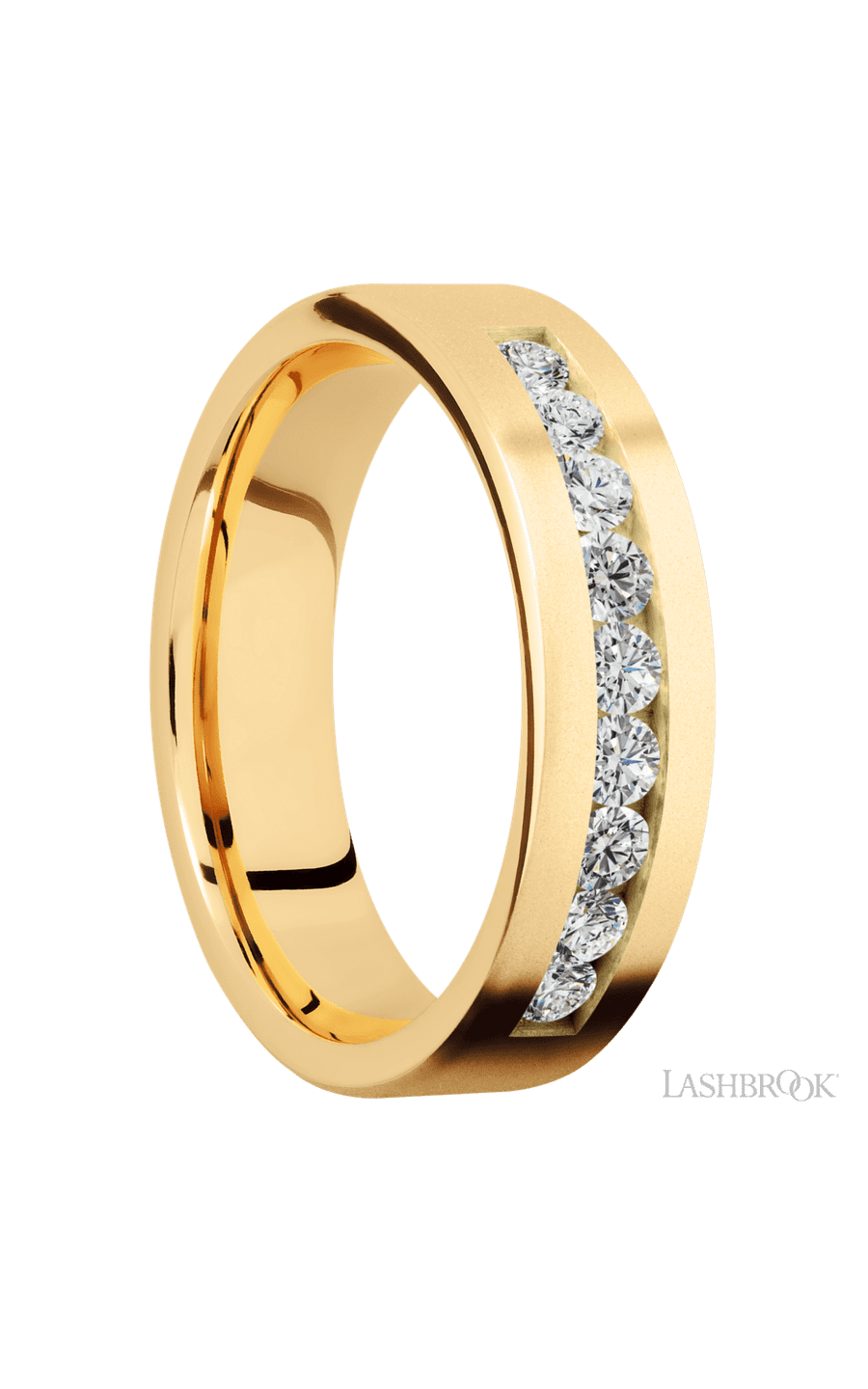 6 mm wide/Flat/14K Yellow Gold band with an  arrangement of 9, .07 carat Round Diamond stones in a Channel setting img2