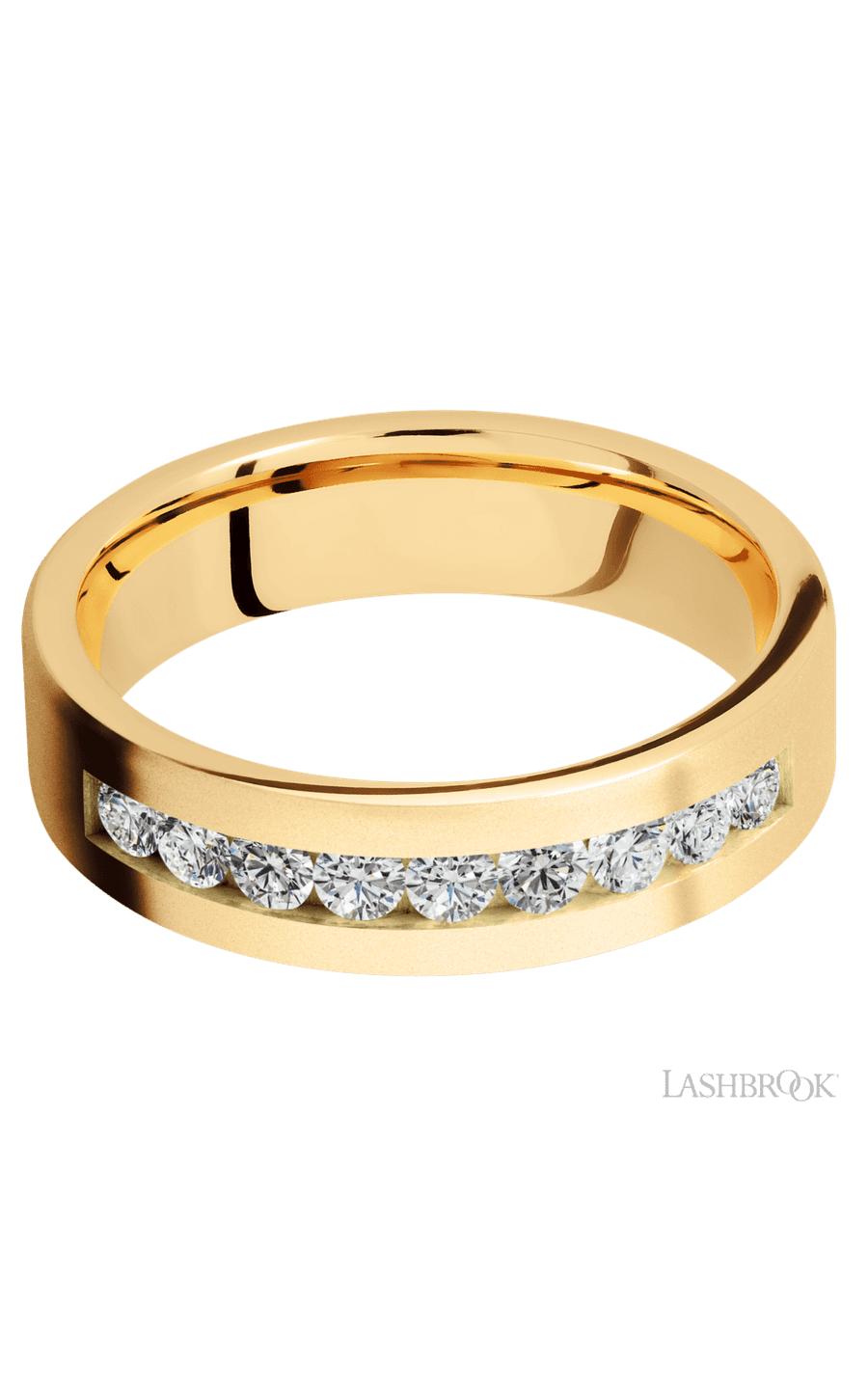 6 mm wide/Flat/14K Yellow Gold band with an  arrangement of 9, .07 carat Round Diamond stones in a Channel setting img3