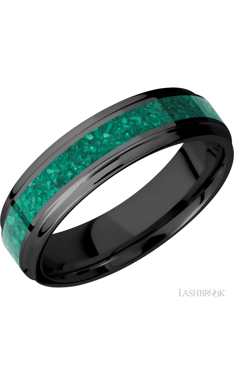 6 mm wide/Flat Grooved Edges/Zirconium band with one 3 mm Centered inlay of Malachite img1