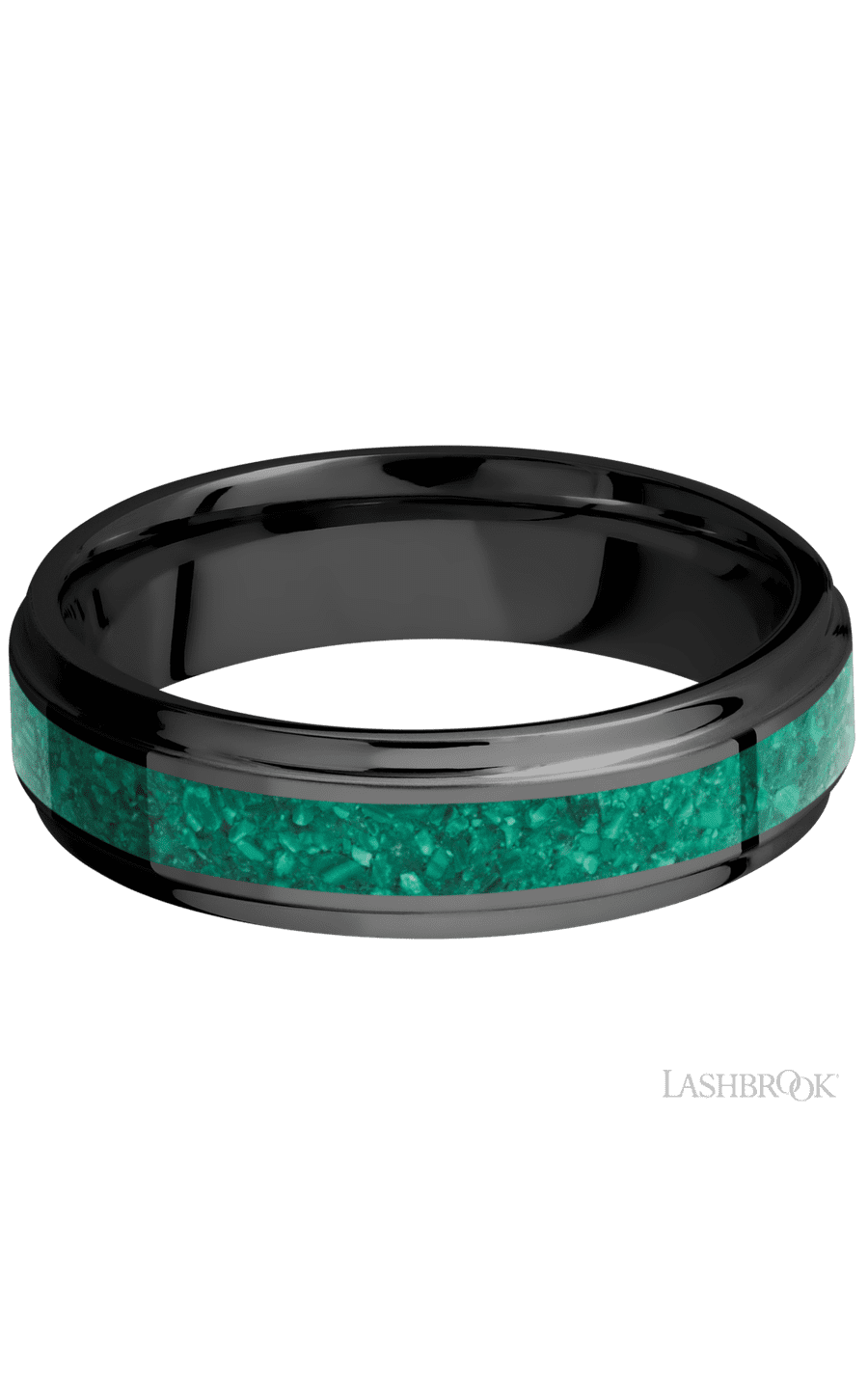 6 mm wide/Flat Grooved Edges/Zirconium band with one 3 mm Centered inlay of Malachite img3
