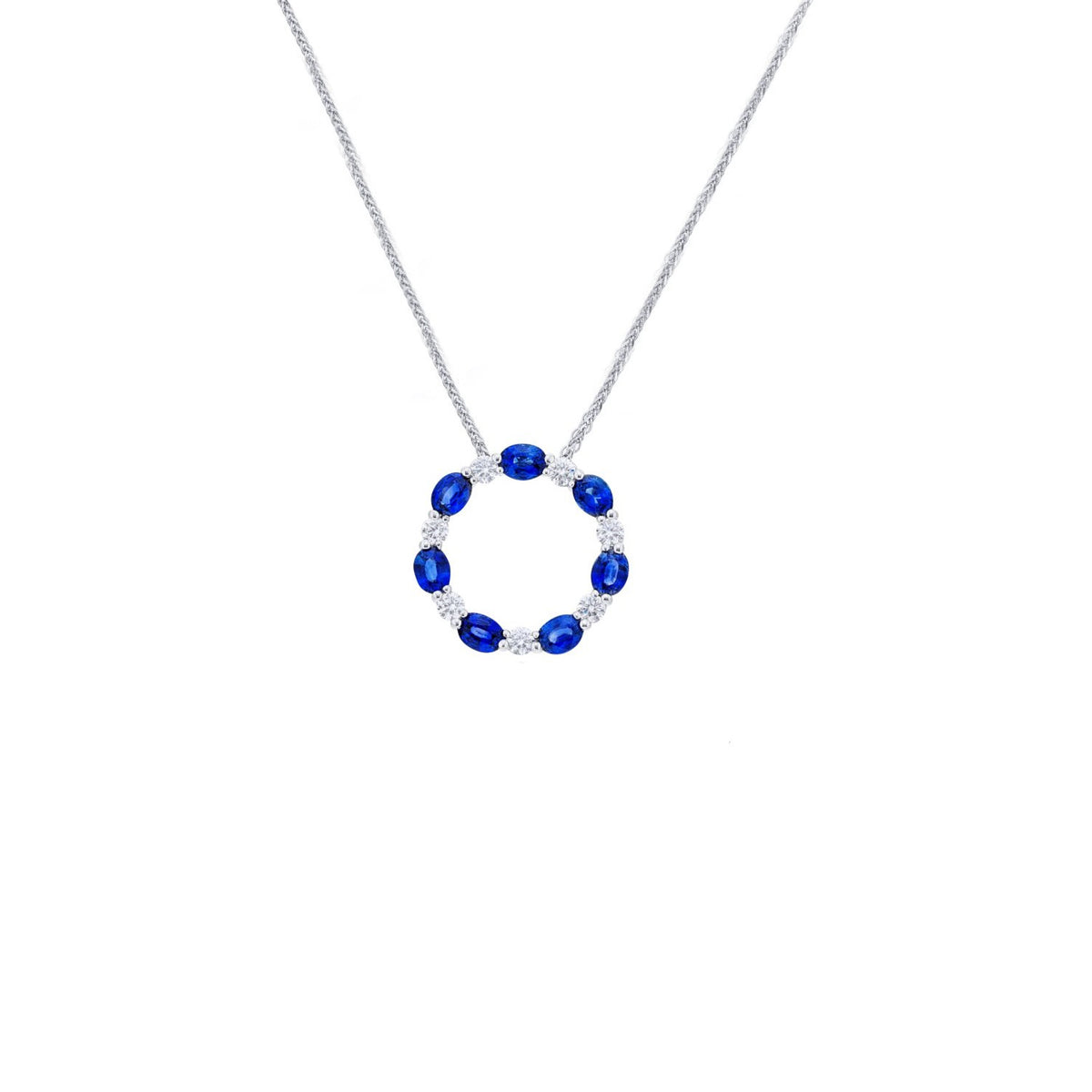 JB Star Platinum Oval Sapphire & Diamond Circle Pendant Necklace