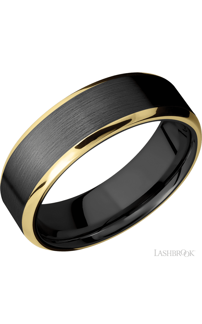 7 mm wide/Beveled/Zirconium band with two 1 mm Edge inlays of 14K Yellow Gold img1