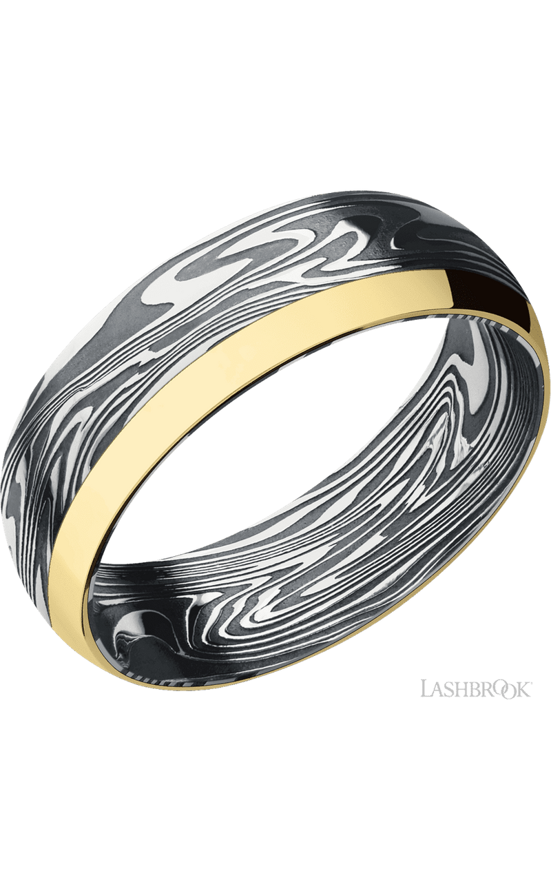 7 mm wide/Domed/Kinetic band with one 2 mm Off Center Edge inlay of 14K Yellow Gold img1