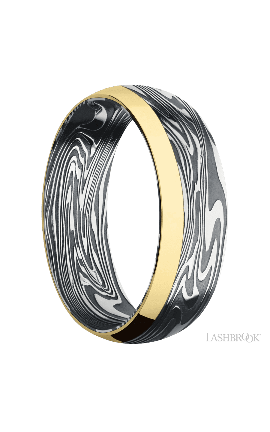 7 mm wide/Domed/Kinetic band with one 2 mm Off Center Edge inlay of 14K Yellow Gold img2