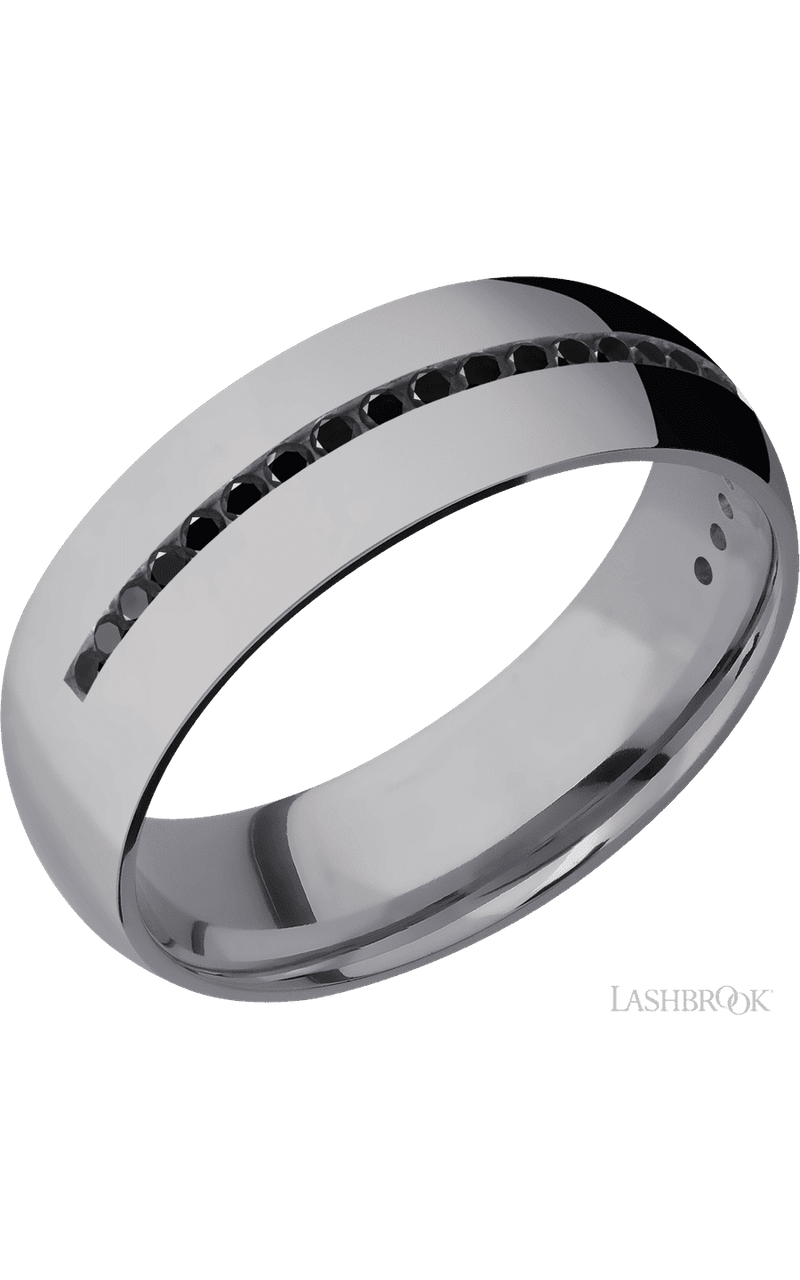 7 mm wide/Domed/Tantalum band with a Half Eternity arrangement of .015 carat Round Black Diamond stones in a Channel setting img1