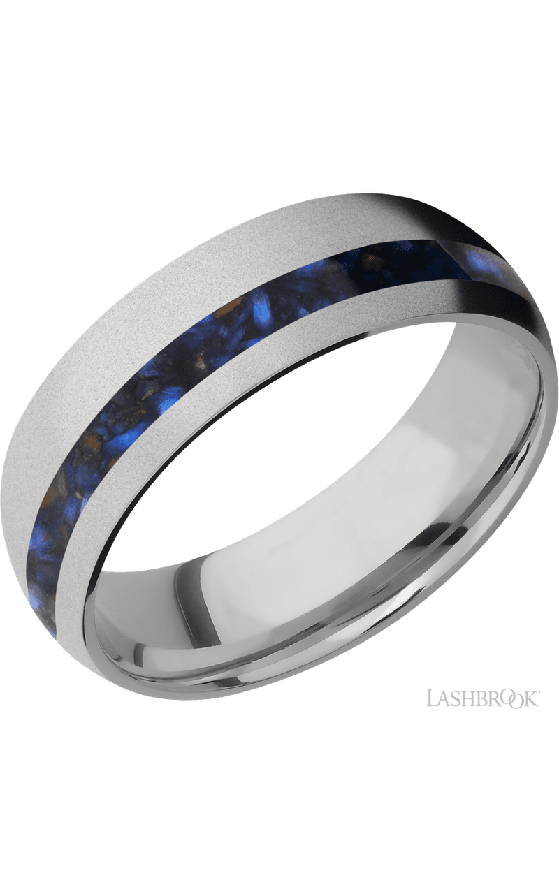 7 mm wide/Domed/Titanium band with one 2 mm Off Center inlay of Blue Tiger Eye img1