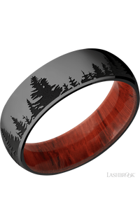 7 mm wide/Domed/Zirconium band with a laser carved Trees pattern also featuring a Padauk sleeve img1