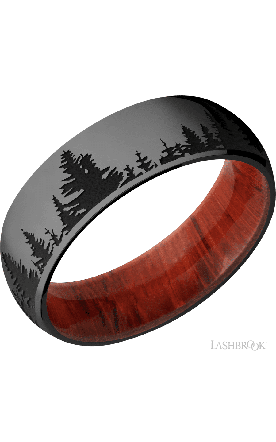 7 mm wide/Domed/Zirconium band with a laser carved Trees pattern also featuring a Padauk sleeve img1