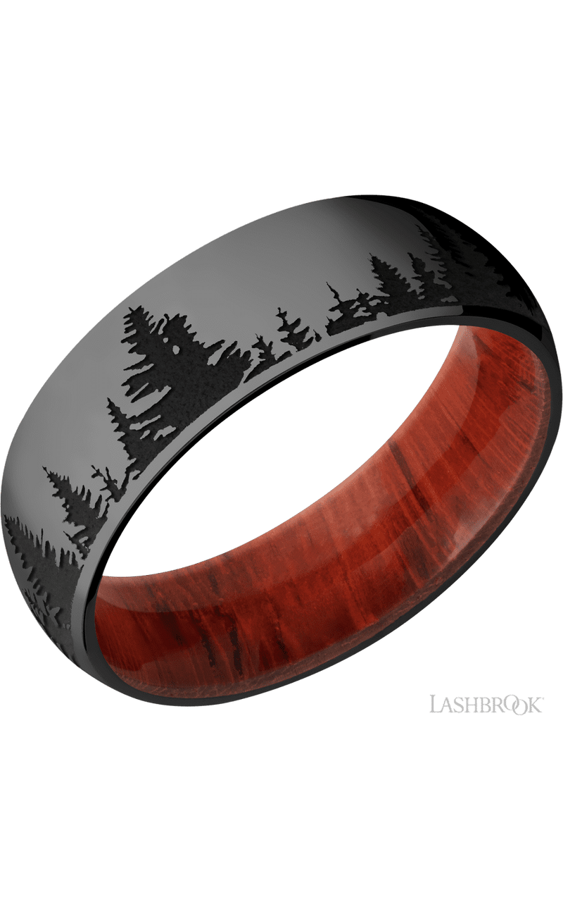 7 mm wide/Domed/Zirconium band with a laser carved Trees pattern also featuring a Padauk sleeve img1