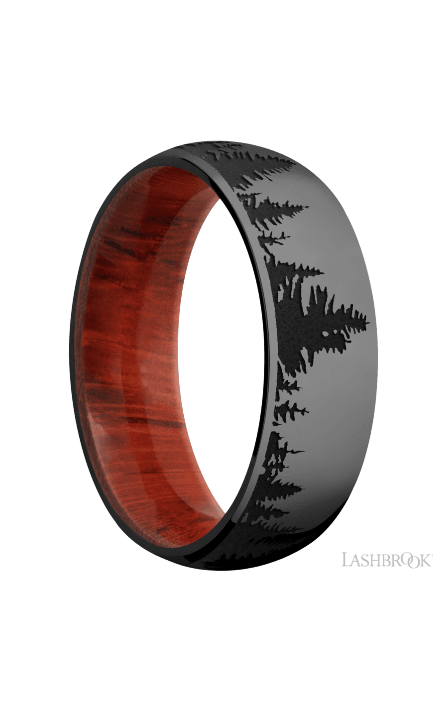7 mm wide/Domed/Zirconium band with a laser carved Trees pattern also featuring a Padauk sleeve img2