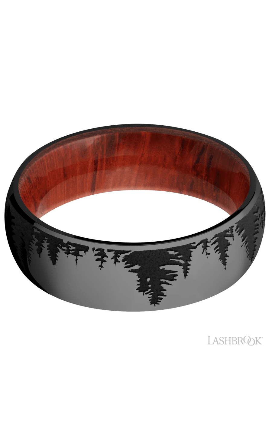 7 mm wide/Domed/Zirconium band with a laser carved Trees pattern also featuring a Padauk sleeve img3
