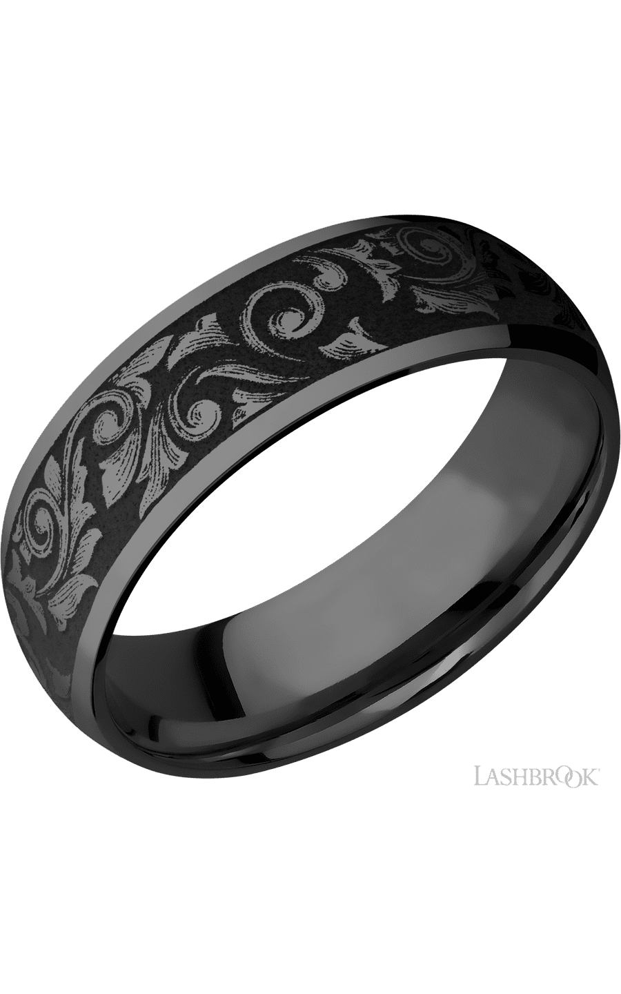 7 mm wide/Domed/Zirconium band with a laser carved Western Scroll pattern img1