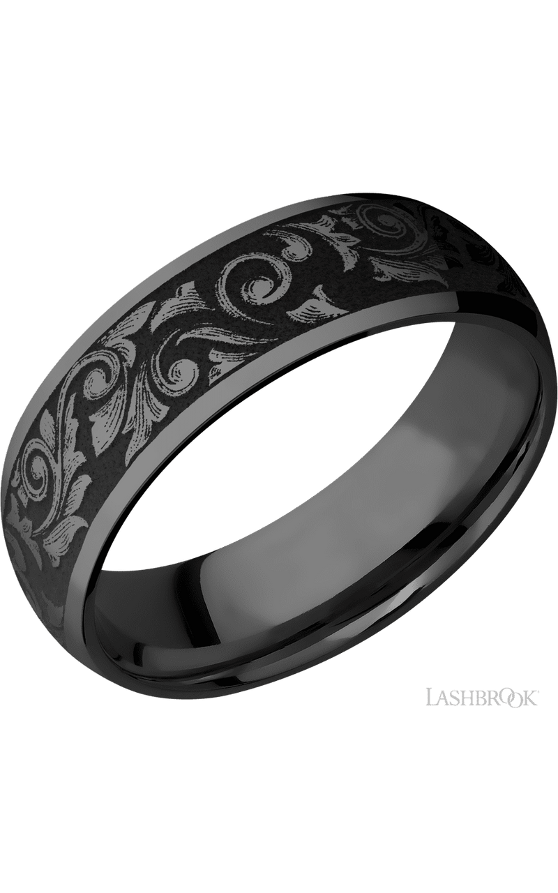 7 mm wide/Domed/Zirconium band with a laser carved Western Scroll pattern img1