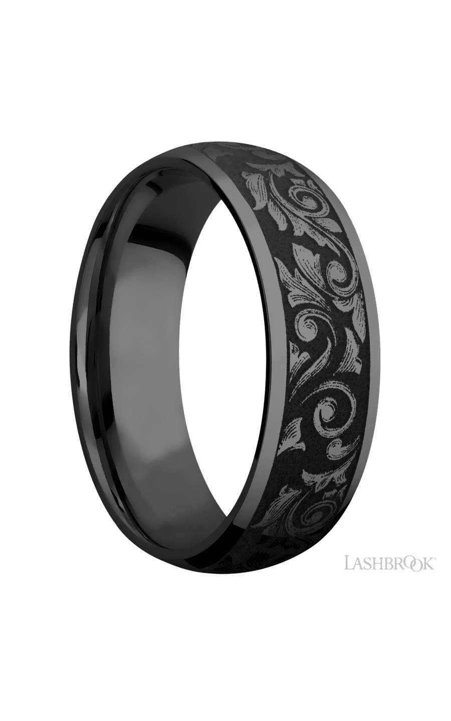 7 mm wide/Domed/Zirconium band with a laser carved Western Scroll pattern img2