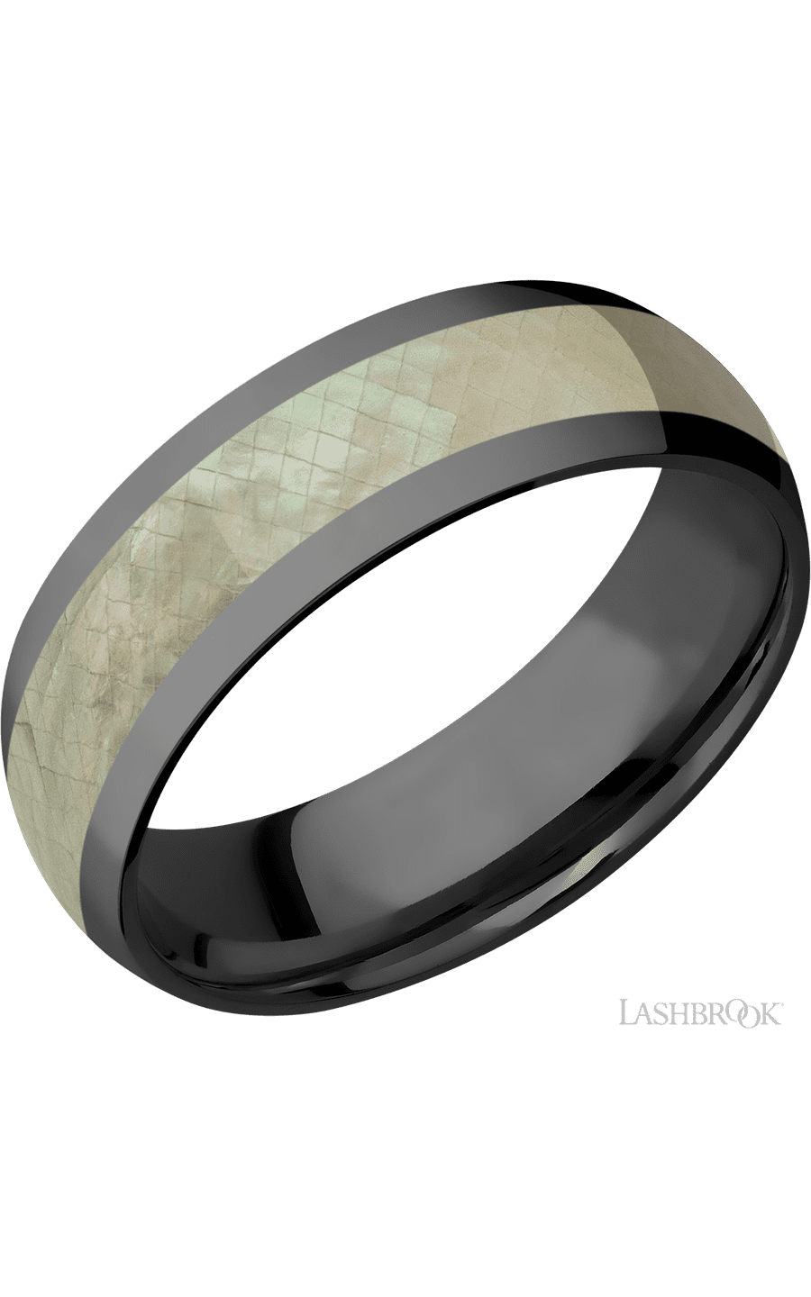 7 mm wide/Domed/Zirconium band with one 4 mm Centered inlay of Freshwater Mother of Pearl img1