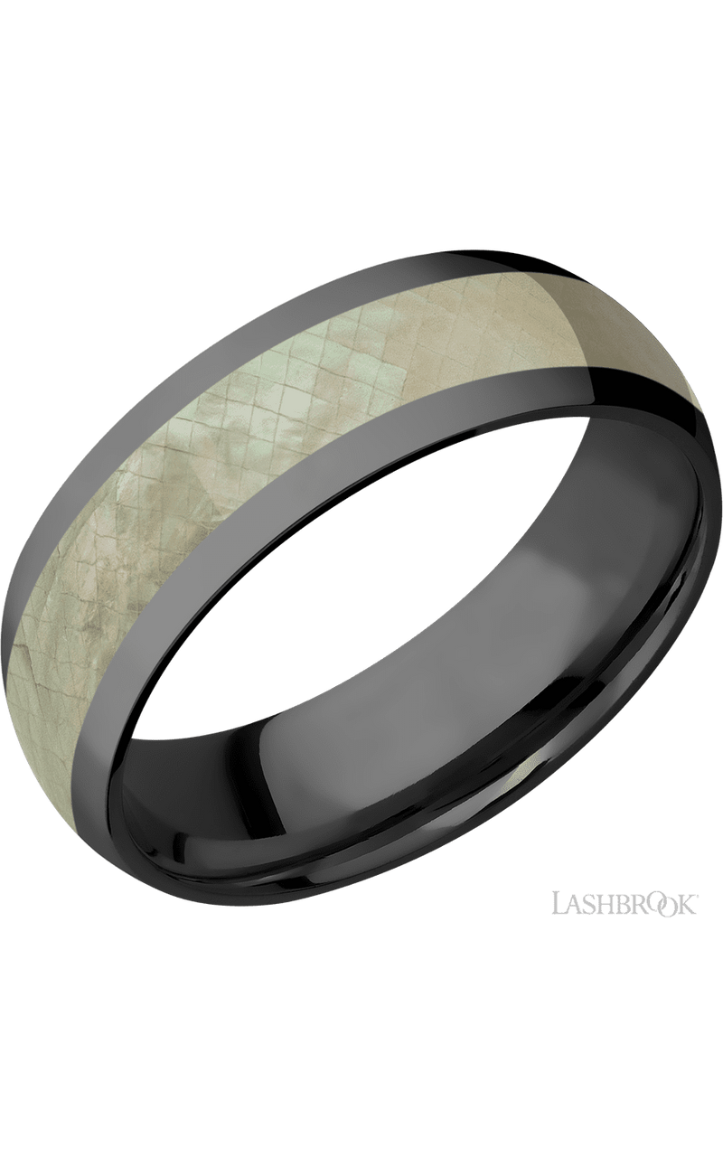 7 mm wide/Domed/Zirconium band with one 4 mm Centered inlay of Freshwater Mother of Pearl img1