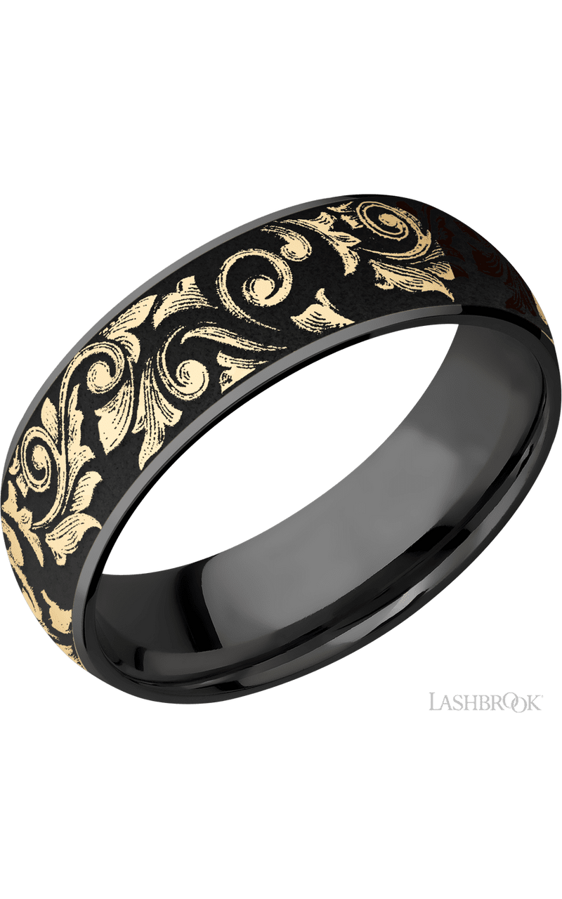 7 mm wide/Domed/Zirconium band with one 6 mm Centered inlay of 14K Yellow Gold with a laser carved Western Scroll pattern img1