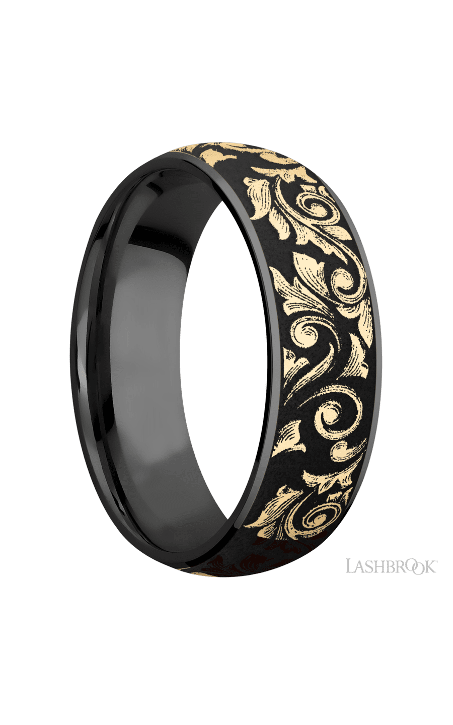 7 mm wide/Domed/Zirconium band with one 6 mm Centered inlay of 14K Yellow Gold with a laser carved Western Scroll pattern img2
