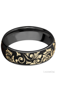 7 mm wide/Domed/Zirconium band with one 6 mm Centered inlay of 14K Yellow Gold with a laser carved Western Scroll pattern img3