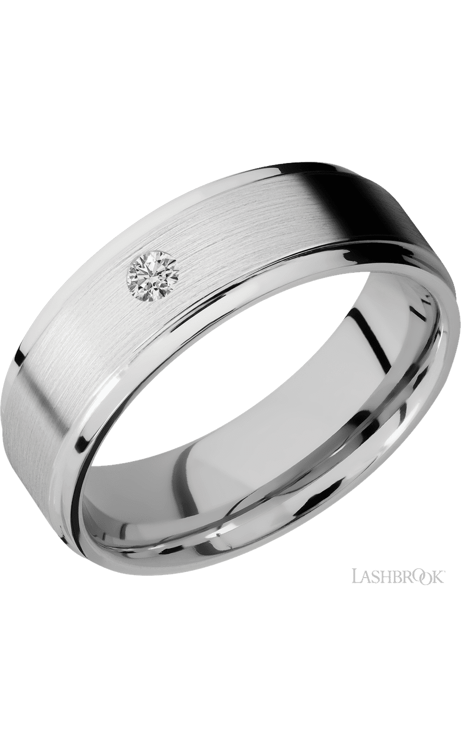7 mm wide/Flat Grooved Edges/14K White Gold band with an  arrangement of 1, .1 carat Round Diamond stones in a Flush setting img1