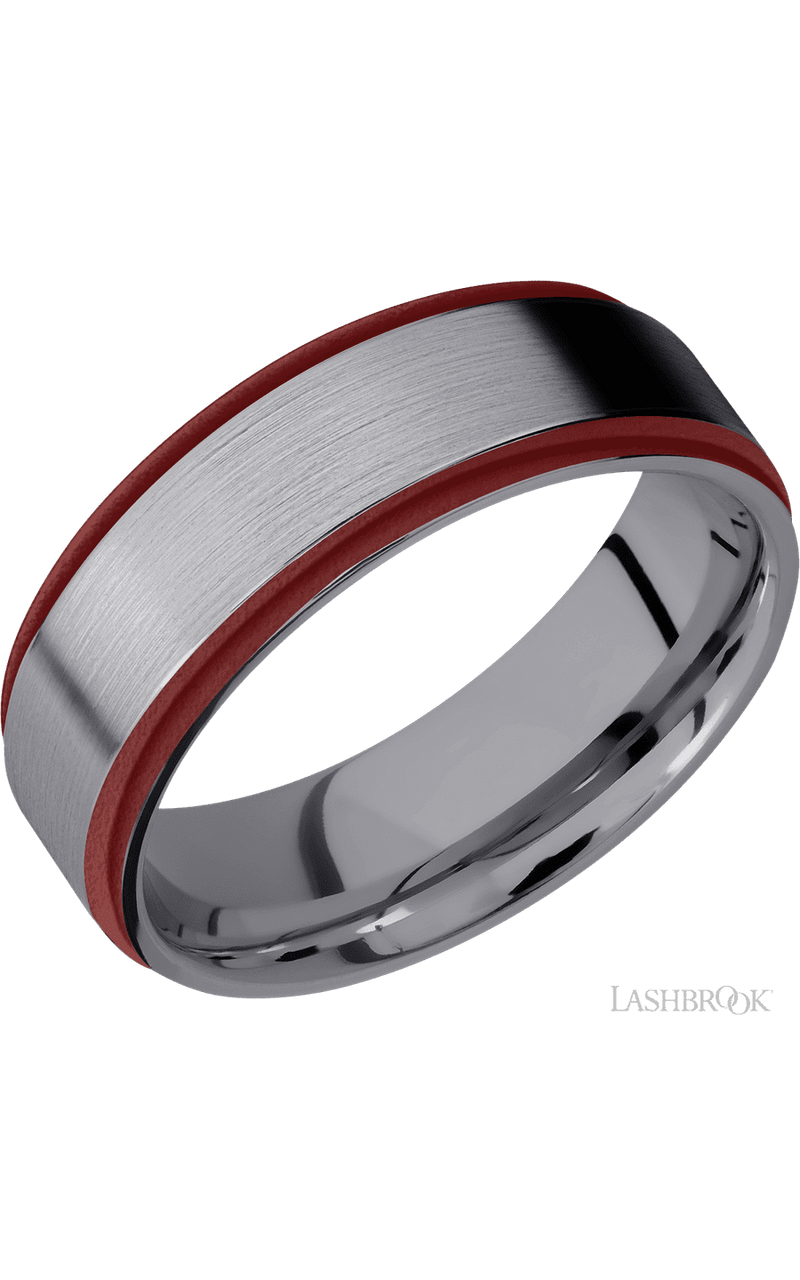 7 mm wide/Flat Grooved Edges/Tantalum band with two 1 mm Edge inlays of Crimson img1