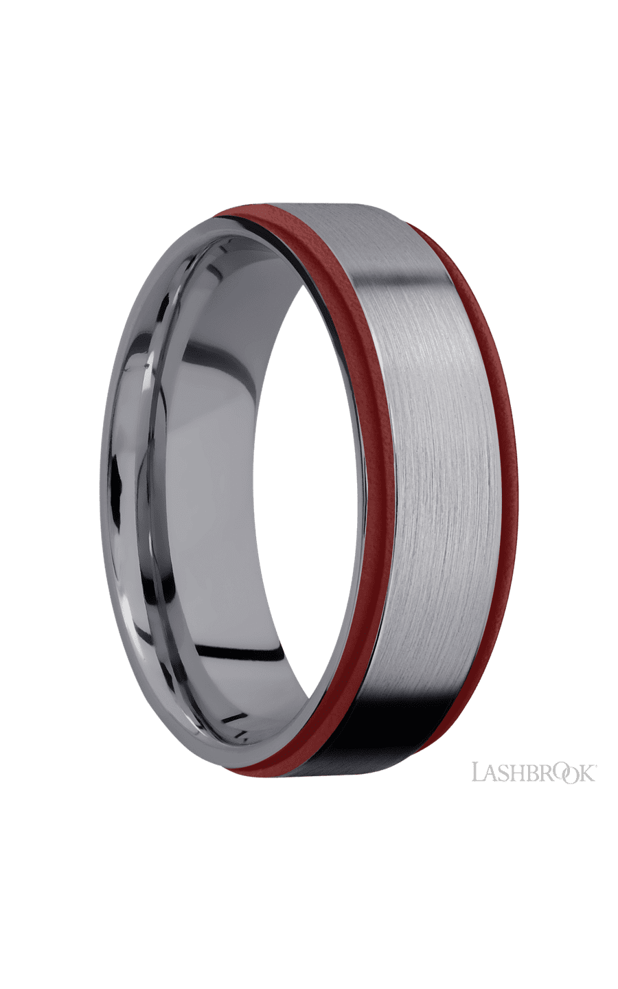 7 mm wide/Flat Grooved Edges/Tantalum band with two 1 mm Edge inlays of Crimson img2
