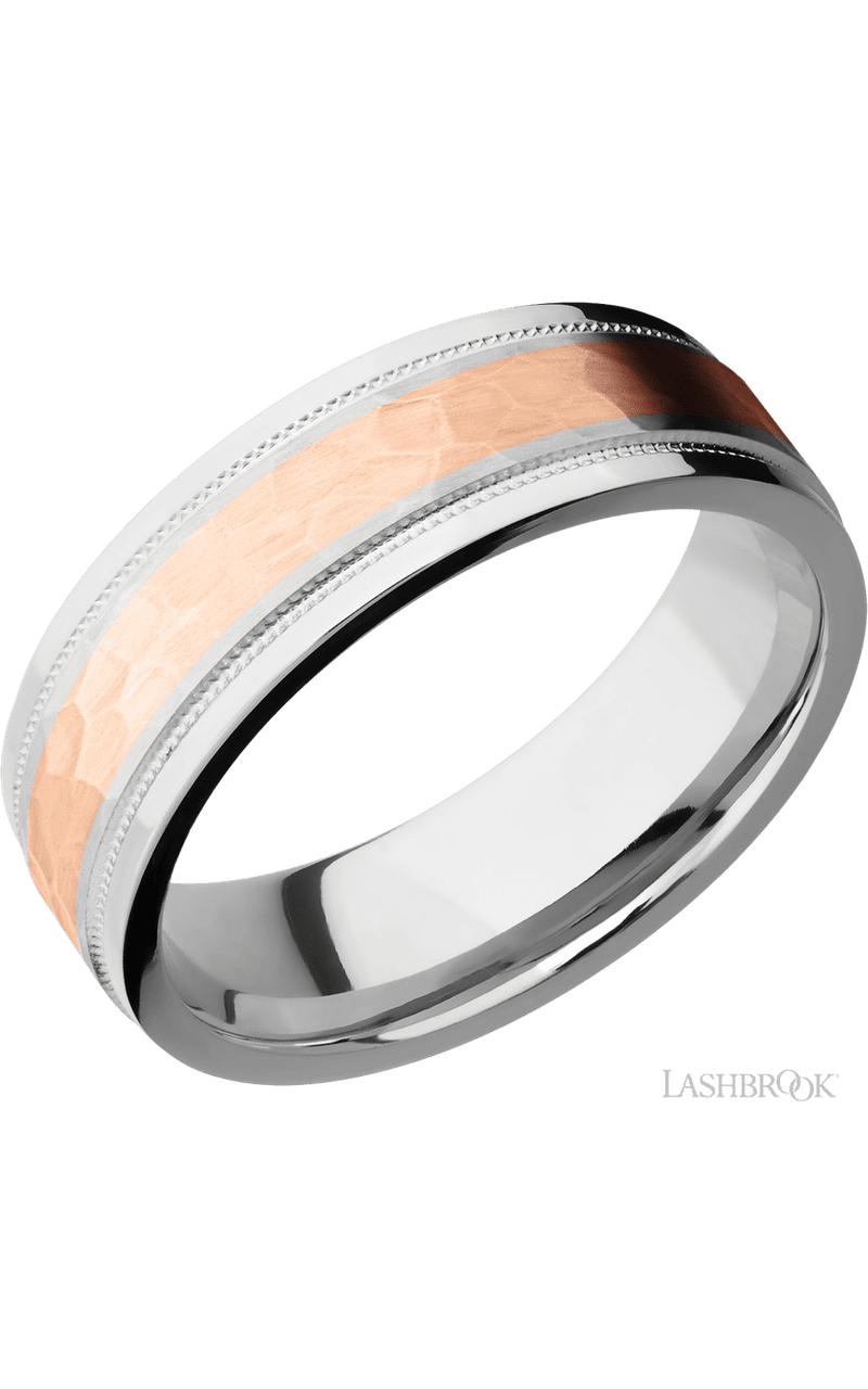 7 mm wide/Flat Stepped Edges Milgrain/Cobalt Chrome band with one 3 mm Centered inlay of 14K Rose Gold img1