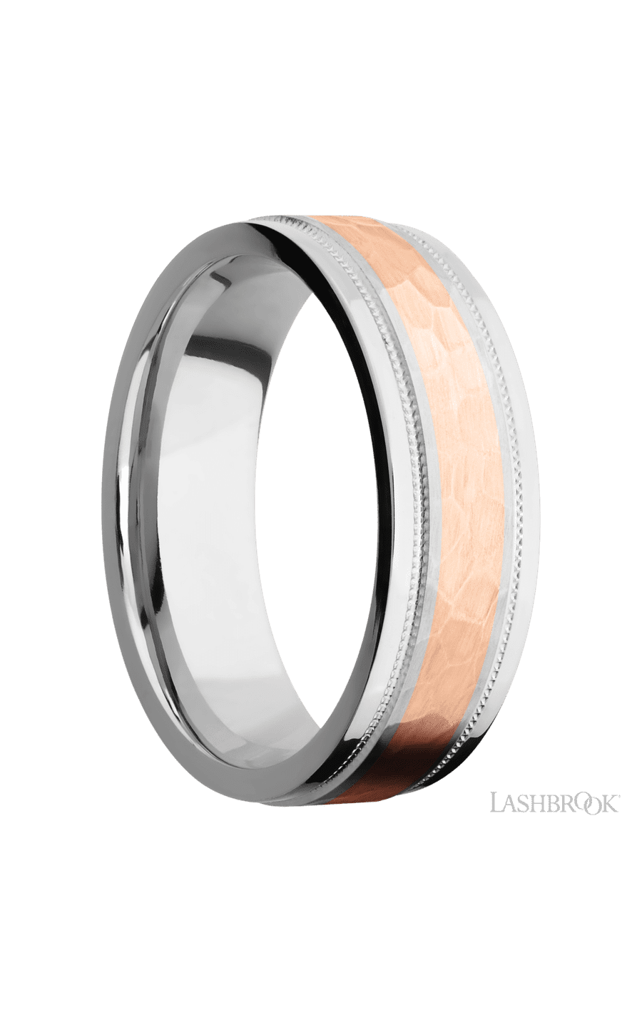 7 mm wide/Flat Stepped Edges Milgrain/Cobalt Chrome band with one 3 mm Centered inlay of 14K Rose Gold img2