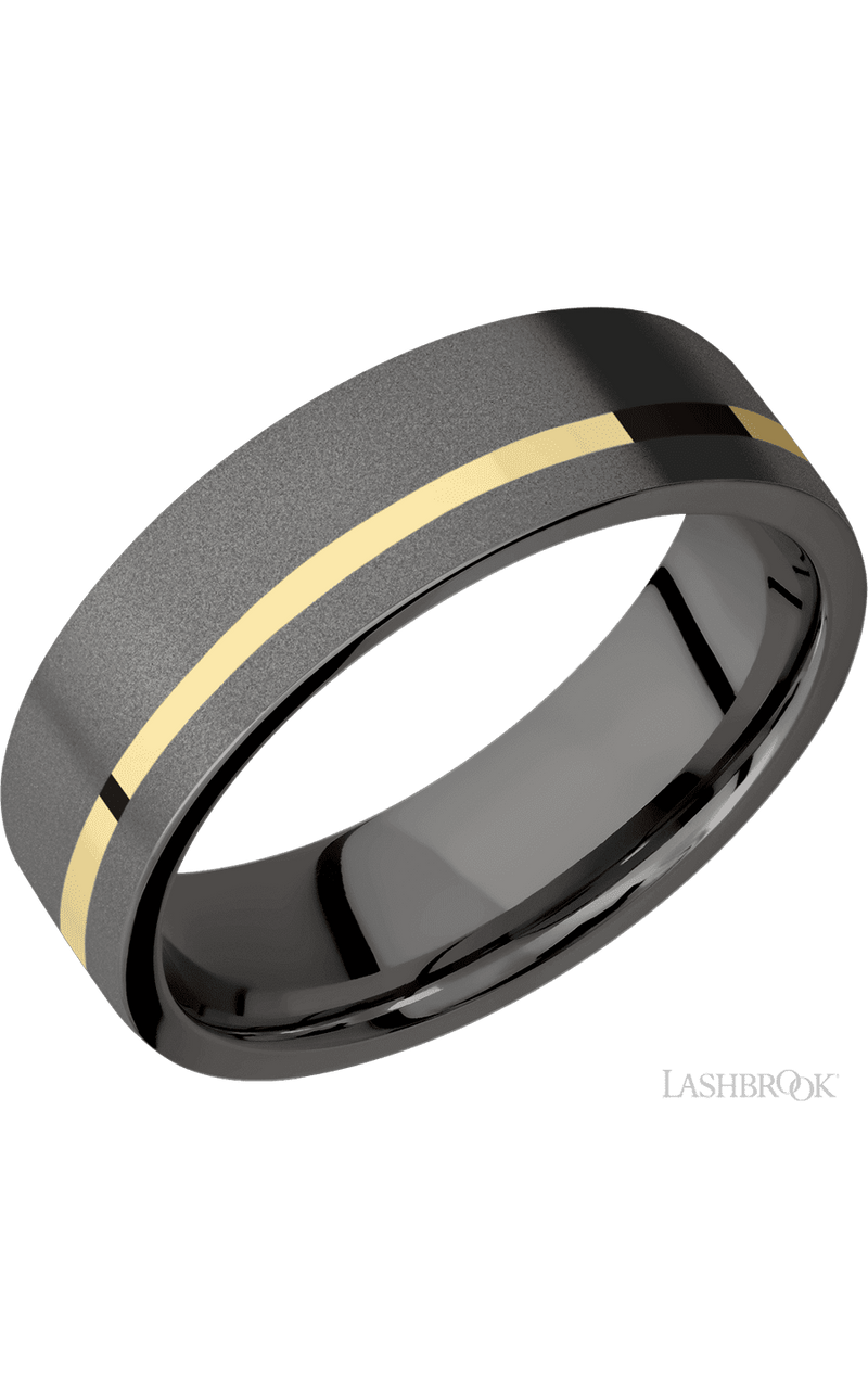 7 mm wide/Flat/Tantalum Noir band with one 1 mm Off Center inlay of 14K Yellow Gold img1