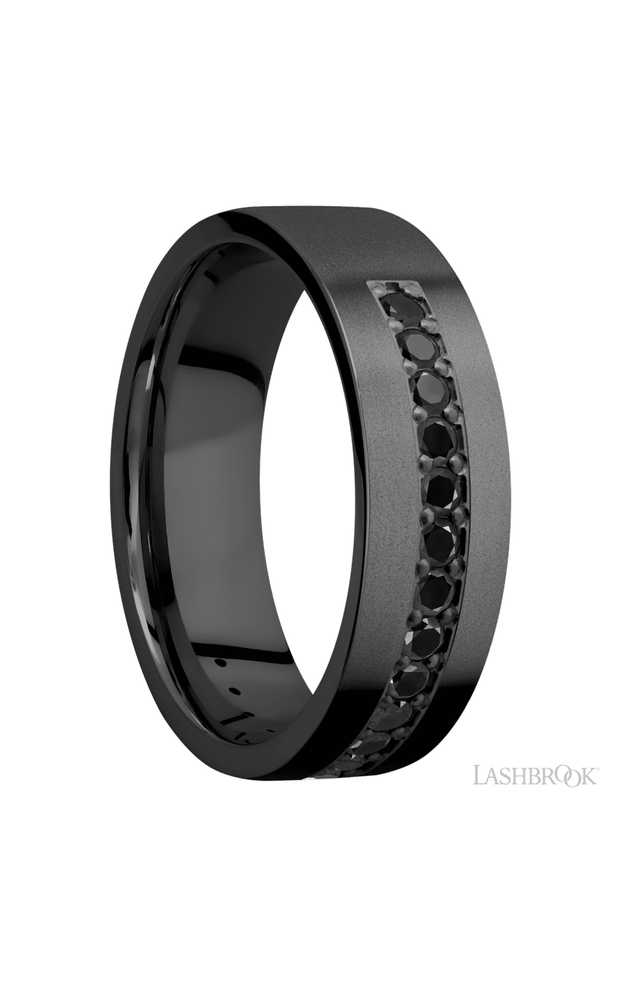 7 mm wide/Flat/Zirconium band with a Half Eternity arrangement of .03 carat Round Black Diamond stones in a Bead setting img2