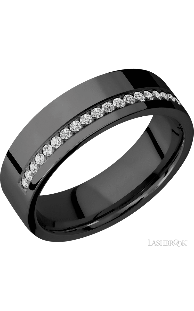 7 mm wide/Flat/Zirconium band with a Off Center Half Eternity arrangement of .015 carat Round Diamond stones in a Bead setting img1