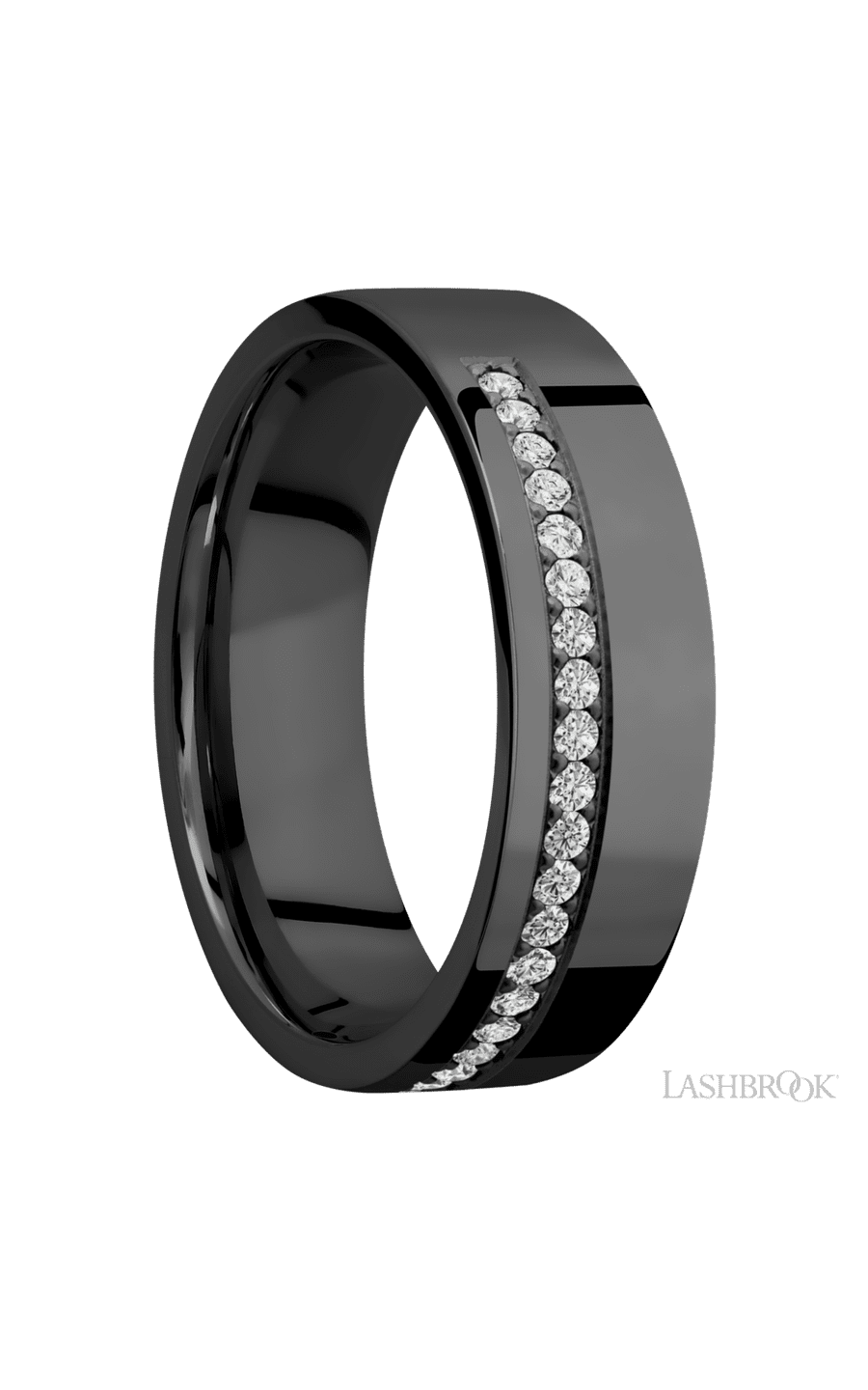 7 mm wide/Flat/Zirconium band with a Off Center Half Eternity arrangement of .015 carat Round Diamond stones in a Bead setting img2
